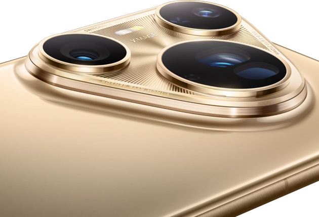 Side perspective of the Huawei Pura 80 Ultra camera module showing the 1 inch RYYB sensor and tiered lens design in gold Side perspective of the Huawei Pura 80 Ultra camera module, showing the 1-inch RYYB sensor and tiered lens design in gold.