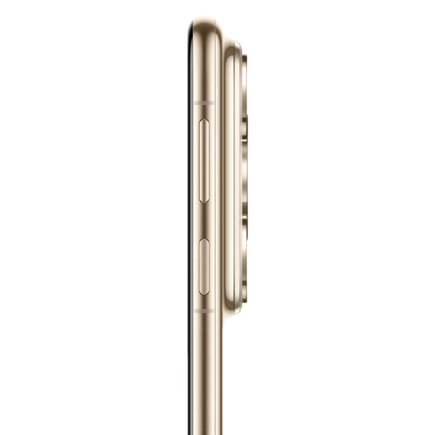 Side view of the Huawei Pura 80 Ultra camera bump and button layout on a champagne gold Side view of the Huawei Pura 80 Ultra camera bump and button layout on a champagne gold.
