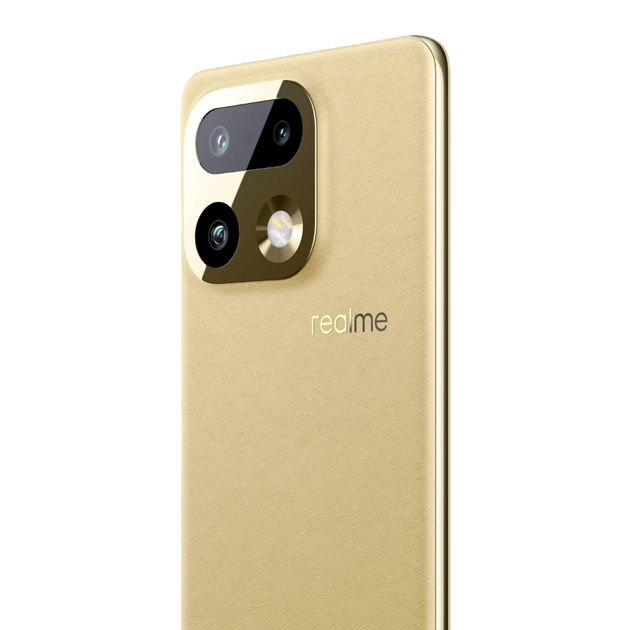 Side view of the Realme 16 Pro plus Master Gold showing the camera module Side view of the Realme 16 Pro+ Master Gold, showing the camera module.