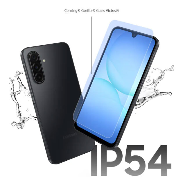 The back and front view of the Samsung Galaxy A17 in a black, shown at an angle against a dramatic liquid water splash.