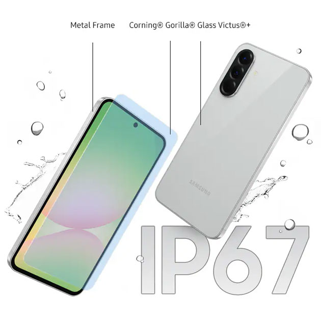 The back and front view of the Samsung Galaxy A56 in a Lightgray, shown at an angle against a dramatic liquid water splash.