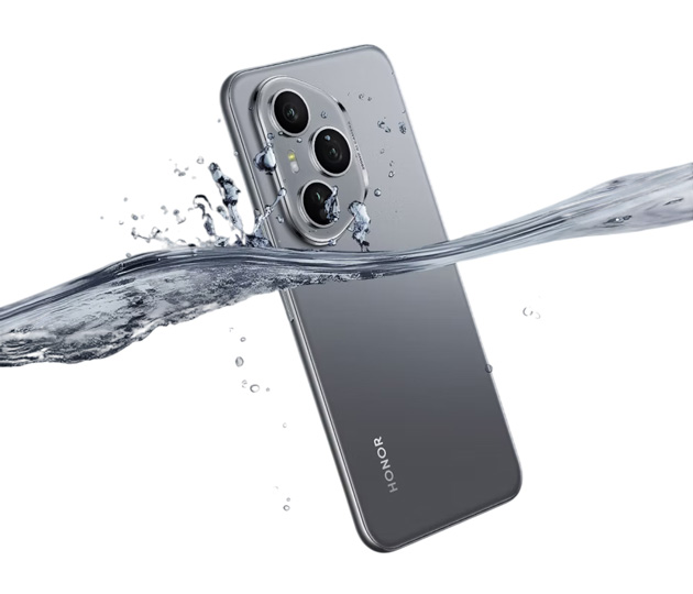 The back of a grey Honor 400 Pro is shown partially submerged in water with water splashing around the device The back of a grey Honor 400 Pro is shown partially submerged in water, with water splashing around the device.