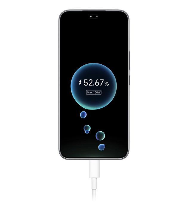 The screen of a Honor 400 Pro smartphone displays a charging indicator showing 52.67 battery level and ‘Max 100W fast charging with a white charging cable connected The screen of a Honor 400 Pro smartphone displays a charging indicator showing 52.67% battery level and ‘Max 100W’ fast charging, with a white charging cable connected.