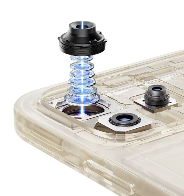 A 3D exploded view of the Honor 600 Pros primary camera sensor A 3D exploded view of the Honor 600 Pro's primary camera sensor, showing a stack of multi-layered optical glass lenses and a blue light beam passing through the aperture to illustrate the light intake path.