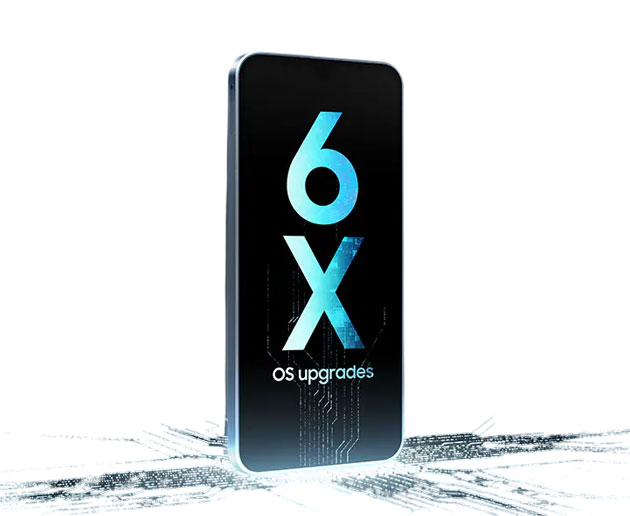 A Samsung Galaxy A16 showing 6 years of OS upgrades on its screen.