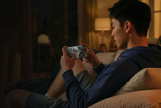 A person playing with the Xiaomi Redmi K90 Max on a sofa in low light.