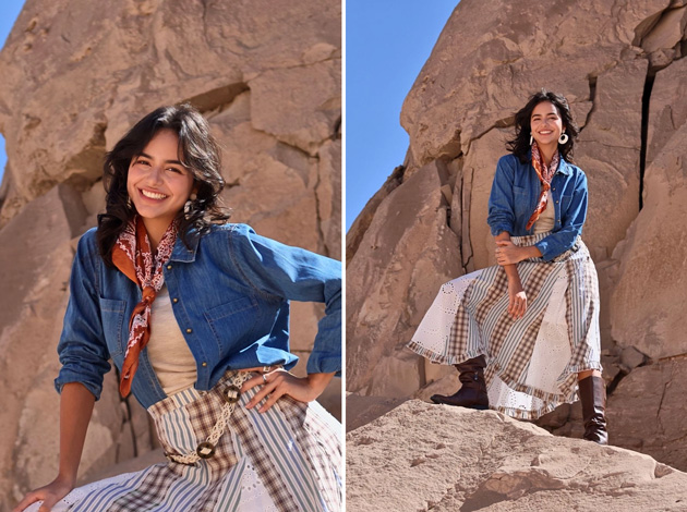 A two-image collection of a woman in boho-style clothing in a rocky natural setting; photo taken with OPPO Find X9 Ultra camera