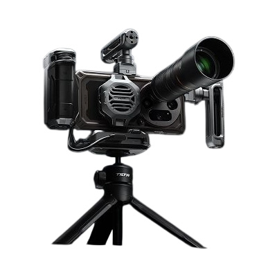 A view of the TILTA KHRONOS Kit10 mobile filmmaking kit, including a mobile holder, telephoto lens, side handle, microphone, and tripod stand; designed to turn your OPPO Find X9 Ultra into a professional video recording system.