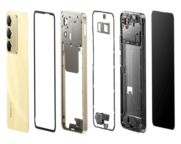 An exploded view of the Realme C75 in Lightning Gold showing the layered internal components An exploded view of the Realme C75 in Lightning Gold, showing the layered internal components .