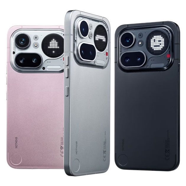 Back view of the Nothing Phone 4a Pro in three colors pink silver and black and theyve got a unique camera module design and a pixel display Back view of the Nothing Phone (4a) Pro in three colors pink, silver, and black, and they’ve got a unique camera module design and a pixel display.