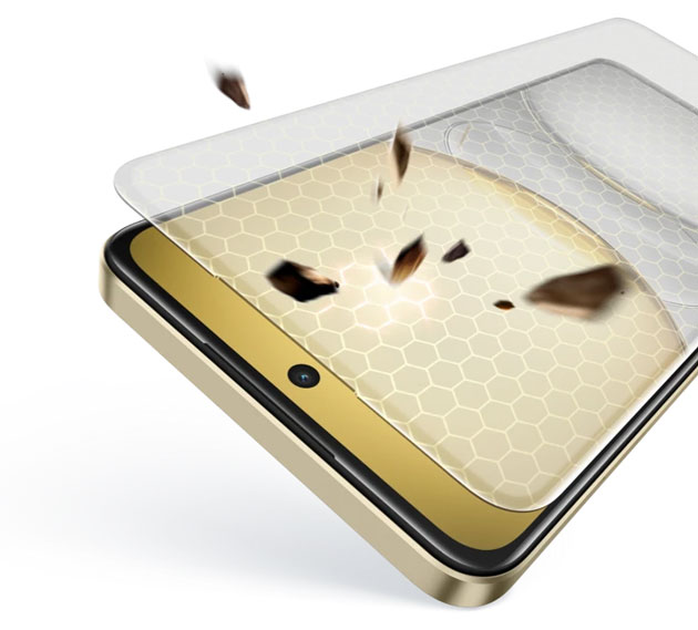 Close up conceptual view of the Realme C75 display featuring a protective glass layer with a honeycomb structural overlay Close-up conceptual view of the Realme C75 display featuring a protective glass layer with a honeycomb structural overlay, showing small rocks bouncing off the screen to illustrate impact resistance and durability.