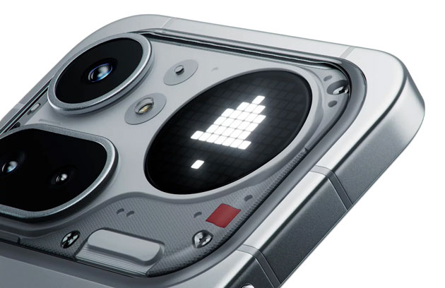 Close up of the Nothing Phone 4a Pros back and its showing the design details Glyph Matrix and camera module Close-up of the Nothing Phone (4a) Pro’s back, and it’s showing the design details, Glyph Matrix and camera module