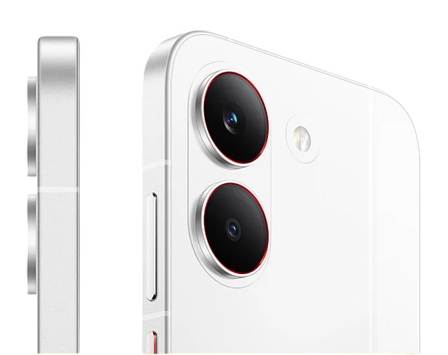 Close-up of the Poco X8 Pro in white, showing the dual rear cameras with red accents and side buttons.