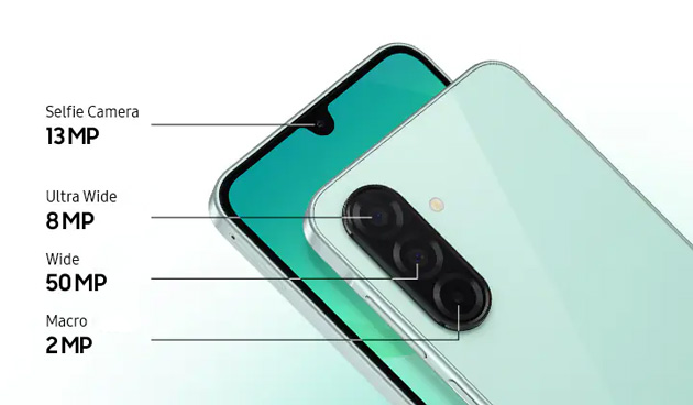 Close-up of the Samsung Galaxy A26 showing the front selfie camera (13MP) and the rear camera array with its components Ultra Wide (8MP), Wide (50MP), and Macro (2MP).