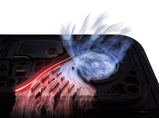 Close-up of the Xiaomi Redmi K90 Max’s active cooling system including the internal fan and airflow for heat dissipation.