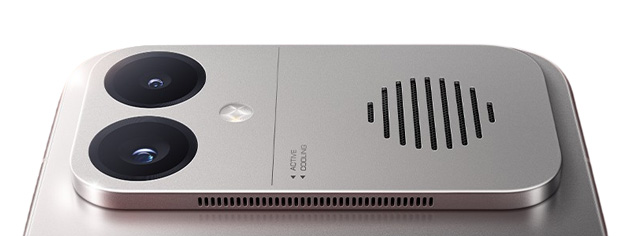 Close-up of the Xiaomi Redmi K90 Max’s camera module and active cooling system with dual lenses and an attractive design.