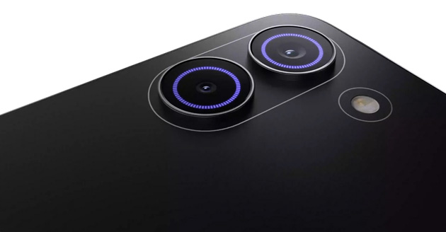 Close-up of the dual-camera setup on the back of the Poco X8 Pro, featuring circular lenses with RGB light ring around both cameras and a flash.