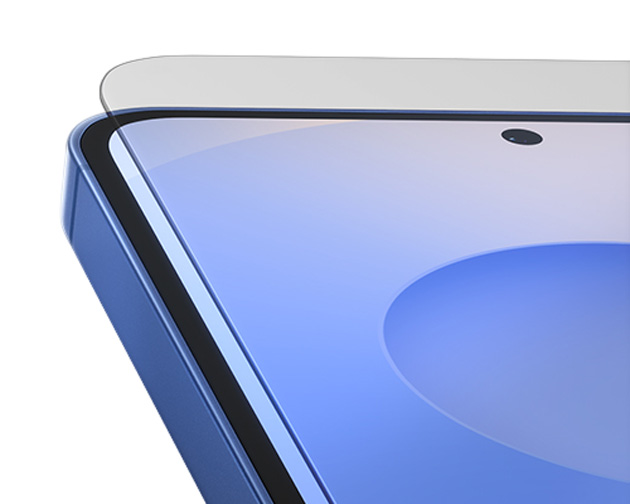 Close up of the edge and display of the Samsung Galaxy S25 showing the screen protector and side frame Close-up of the edge and display of the Samsung Galaxy S25, showing the screen protector and side frame.