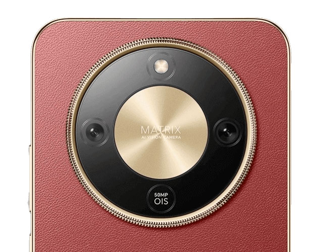 Close-up of the rear of the Honor X70, showing its distinctive circular camera module with ‘MATRIX AI VISION CAMERA’ and ‘50MP OIS’ text, set against a textured red back panel.