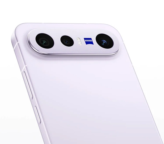 Close-up rear view of the vivo X300 FE in Lilac Purple, highlighting its horizontal camera bar with three lenses, a flash, and the ZEISS logo.