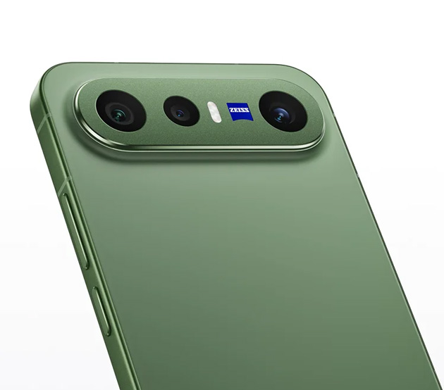 Close-up rear view of the vivo X300 FE in Urban Olive, highlighting its horizontal camera bar with three lenses, a flash, and the ZEISS logo.