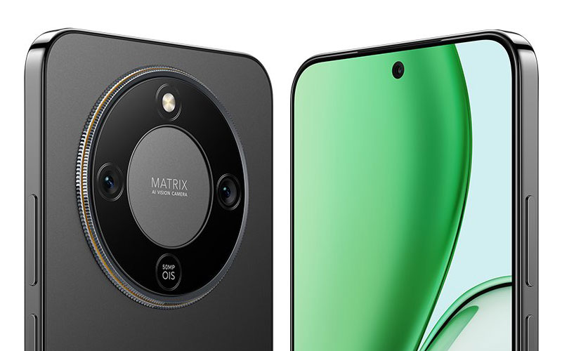 Close-up view of the Honor X70, showing the rear camera module with ‘MATRIX AI VISION CAMERA’ and ‘50MP OIS’ text, and the front display with a punch-hole selfie camera.