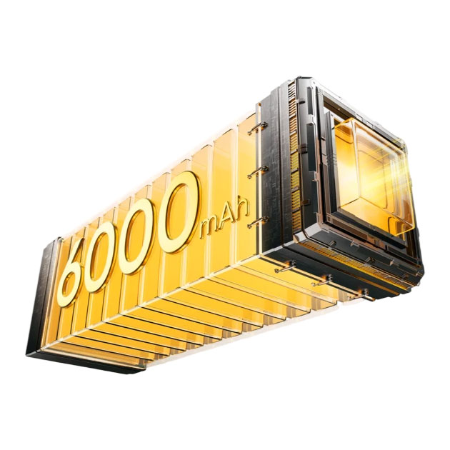 Conceptual graphic of the Realme C75s 6000mAh high capacity battery with a futuristic glowing gold design Conceptual graphic of the Realme C75's 6000mAh high-capacity battery with a futuristic, glowing gold design.