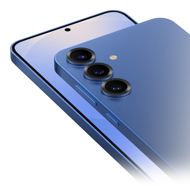 Front and back view of the Samsung Galaxy S25 in Navy showing the triple rear camera setup and display design Front and back view of the Samsung Galaxy S25 in Navy, showing the triple rear camera setup and display design.