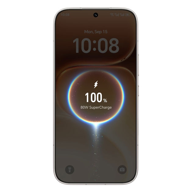 Honor 600 Pro lock screen displaying 80W SuperCharge animation and 100 battery life Honor 600 Pro lock screen displaying 80W SuperCharge animation and 100% battery life.
