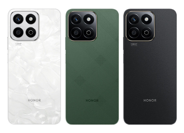 Honor X7c colors Moonlight White, Forest Green, and Midnight Black.