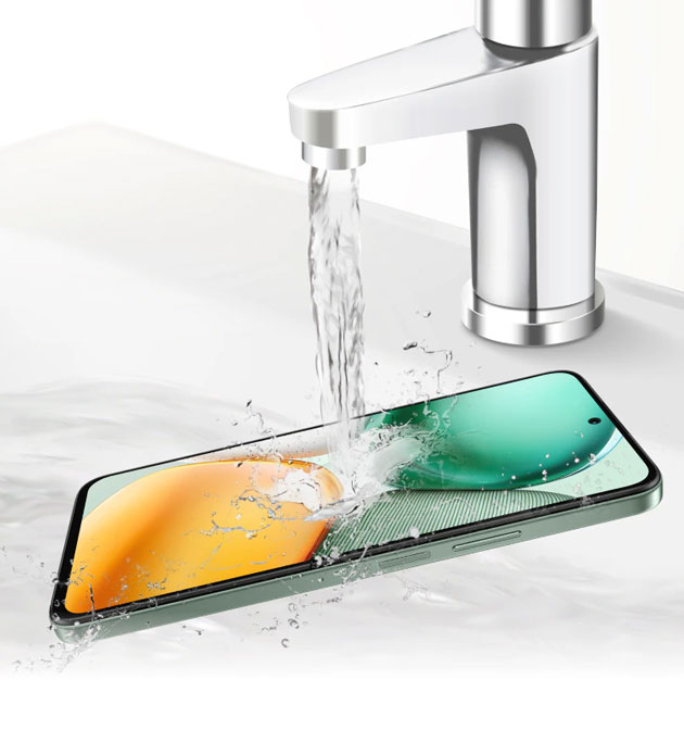 Honor X7c smartphone being washed under a running faucet in a white sink, demonstrating its water resistance and IP64 rating.