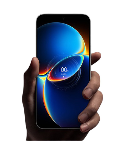 Image of the Xiaomi Redmi K90 Max in a user’s hand with the screen on and full charge status.