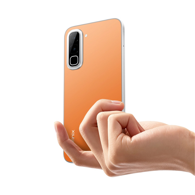 Infinix Hot 70 Thermo Orange in hand showing off the design of the back of the phone Infinix Hot 70 Thermo Orange in hand, showing off the design of the back of the phone