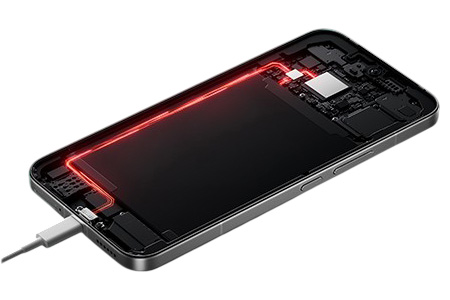 Internal view of the Xiaomi Redmi K90 Max showing the battery bypass path and power flow as red light.