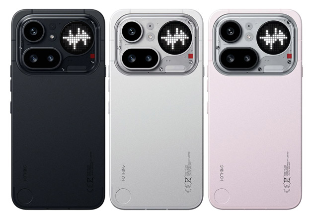 Nothing Phone 4a Pro colors in Black Silver and Pink Nothing Phone (4a) Pro colors in Black, Silver, and Pink.
