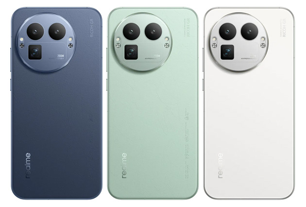 Realme GT 8 Pro colors in Urban Blue, Green, and Diary White.