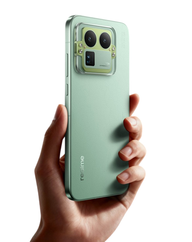 Realme GT 8 Pro Green in hand, showing off the design of the back of the phone