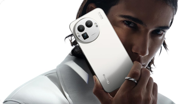 Realme GT 8 Pro held in hand with a close up of the Diary White back panel and the large circular camera module.