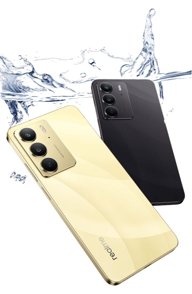Rear view of the Realme C75 in Lightning Gold and Storm Black shown with a dramatic water splash effect to highlight its IP69 IP68 and IP66 all around waterproof ratings Rear view of the Realme C75 in Lightning Gold and Storm Black, shown with a dramatic water splash effect to highlight its IP69, IP68, and IP66 all-around waterproof ratings.