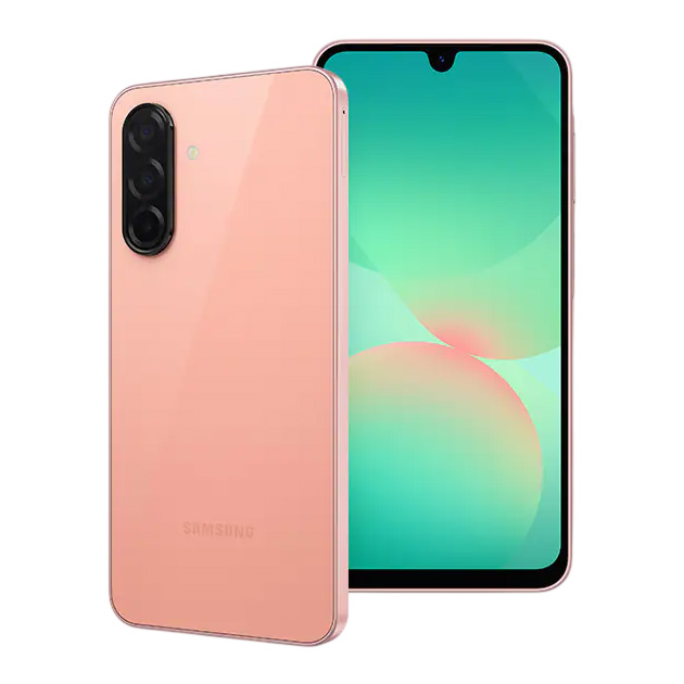 Samsung Galaxy A26 Peach Pink, front and back view.