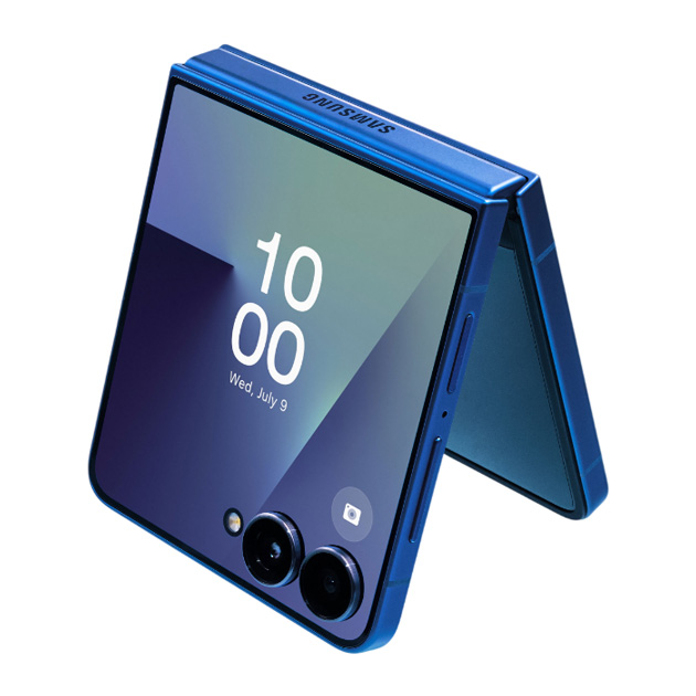 Samsung Galaxy Z Flip 7 Blue Shadow in half folded positions Samsung Galaxy Z Flip 7 Blue Shadow in half-folded positions.