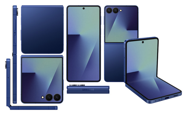 Samsung Galaxy Z Flip 7 Blue Shadow with seven different views Samsung Galaxy Z Flip 7 Blue Shadow, with seven different views: fully unfolded front and back, folded front and back showing the large cover screen and dual-camera setup, a side profile, a view of the hinge with the Samsung logo, and a semi-folded 'Flex Mode' perspective.