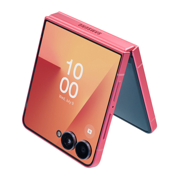 Samsung Galaxy Z Flip 7 Coral Red in half folded positions Samsung Galaxy Z Flip 7 Coral Red in half-folded positions.