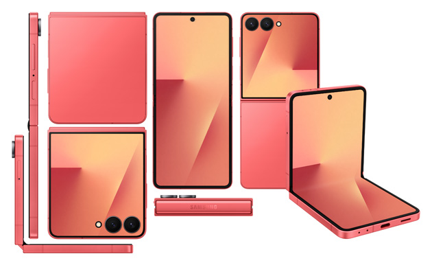 Samsung Galaxy Z Flip 7 Coral Red with seven different views Samsung Galaxy Z Flip 7 Coral Red, with seven different views: fully unfolded front and back, folded front and back showing the large cover screen and dual-camera setup, a side profile, a view of the hinge with the Samsung logo, and a semi-folded 'Flex Mode' perspective.