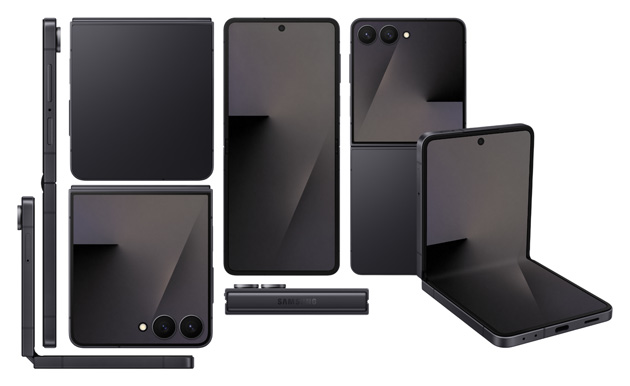 Samsung Galaxy Z Flip 7 Jet Black with seven different views Samsung Galaxy Z Flip 7 Jet Black, with seven different views: fully unfolded front and back, folded front and back showing the large cover screen and dual-camera setup, a side profile, a view of the hinge with the Samsung logo, and a semi-folded 'Flex Mode' perspective.