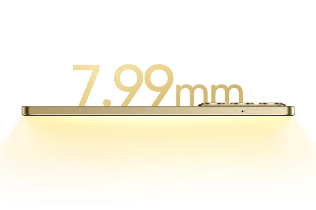 Side profile view of the Realme C75 in Lightning Gold showcasing its slim 7.99mm thickness with a large gold 7.99mm text graphic hovering above the frame Side profile view of the Realme C75 in Lightning Gold, showcasing its slim 7.99mm thickness with a large gold '7.99mm' text graphic hovering above the frame.