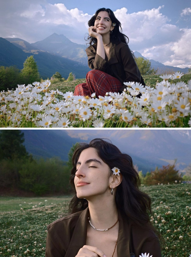 Two frames from a nature photography set a person in dark clothing among small white flowers; photo taken with OPPO Find X9 Ultra camera