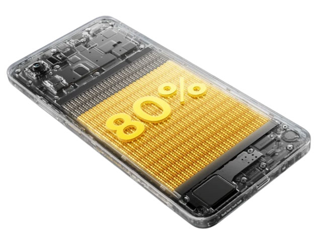 view of the Realme C75 internal battery and hardware featuring an 80 percent charge indicator in gold view of the Realme C75 internal battery and hardware, featuring an 80 percent charge indicator in gold.