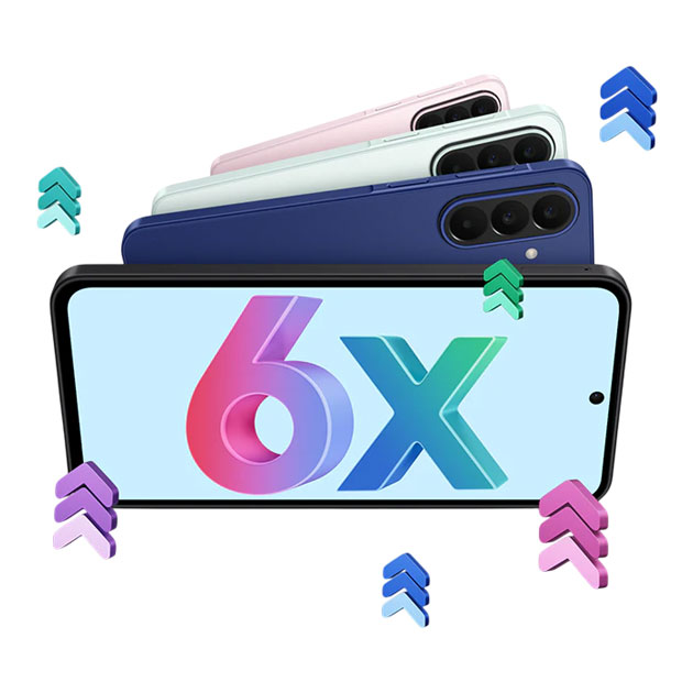 A Samsung Galaxy A27 showing 6 years of OS upgrades on its screen.