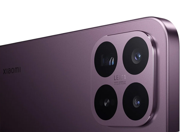 A close-up of the upper back panel of the Xiaomi 17T Violet, showing the Xiaomi logo, a flat plastic frame, and the square Leica camera module.